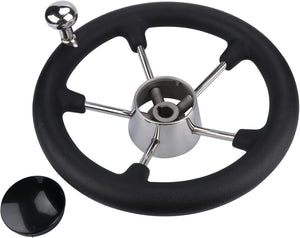 Seamax Stainless Steel 11" Boat Steering Wheel with Black Foam Grip, 5 Spoke Destroyer Control Wheel with Knob