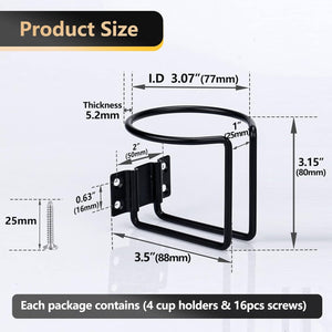 Seamax 4 pcs Stainless Steel Boat Cup Holder, Universal Drink Holders for Boat, Truck, RV, Tractor, Outdoor Wooden Swing, Black