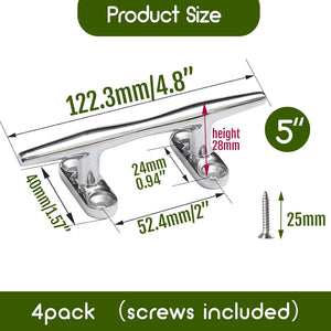Seamax Stainless Steel Boat Cleats 4 inch 5 inch 6 inch Open Base Marine Grade Rope Cleat Mooring Accessories with Screws for Boats, Kayak, Dock