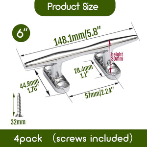 Seamax Stainless Steel Boat Cleats 4 inch 5 inch 6 inch Open Base Marine Grade Rope Cleat Mooring Accessories with Screws for Boats, Kayak, Dock