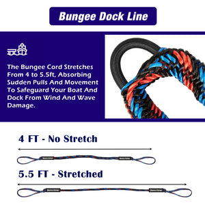 Seamax 2-Pack Bungee Dock Lines – Stretch Mooring Ropes for Boat, Jet Ski, Pontoon, Sea-Doo, WaveRunner, Kayak – 4ft to 5.5ft Shock Absorbing Dock Cords, Boating Accessories Gift
