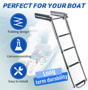 Seamax 4 Step Boat Ladder Under Platform Slide Mount Boat Boarding Ladder, Telescoping Ladder with a Carry Handle and Mounting Screws, Press-Type Spring Latch