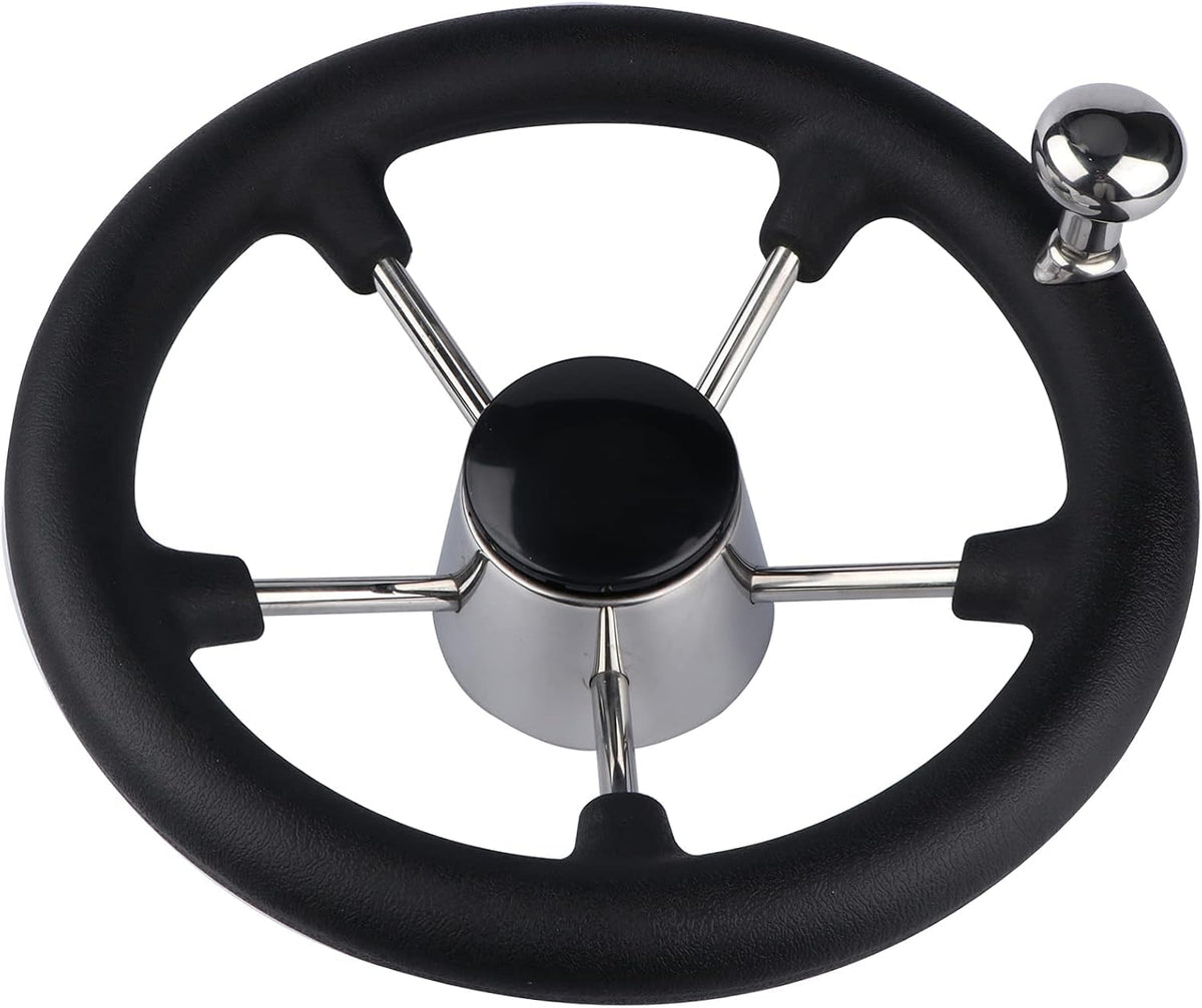 Seamax Stainless Steel 11" Boat Steering Wheel with Black Foam Grip, 5 Spoke Destroyer Control Wheel with Knob