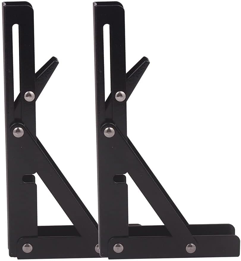 Seamax 8" Sturdy Folding Shelf Brackets - Black Metal Triangle Table Bench Folding Shelf Bracket , 2 Pcs Folding Shelf Hinge Wall Mounted, Max Load 100lb