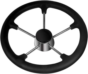 Seamax 13.5inch Boat Steering Wheel, Black PU Foam Cover & Center Cap, Stainless Steel 5 Spoke 25 Degree Destroyer Style for Boats, Yachts, Pontoon Boats