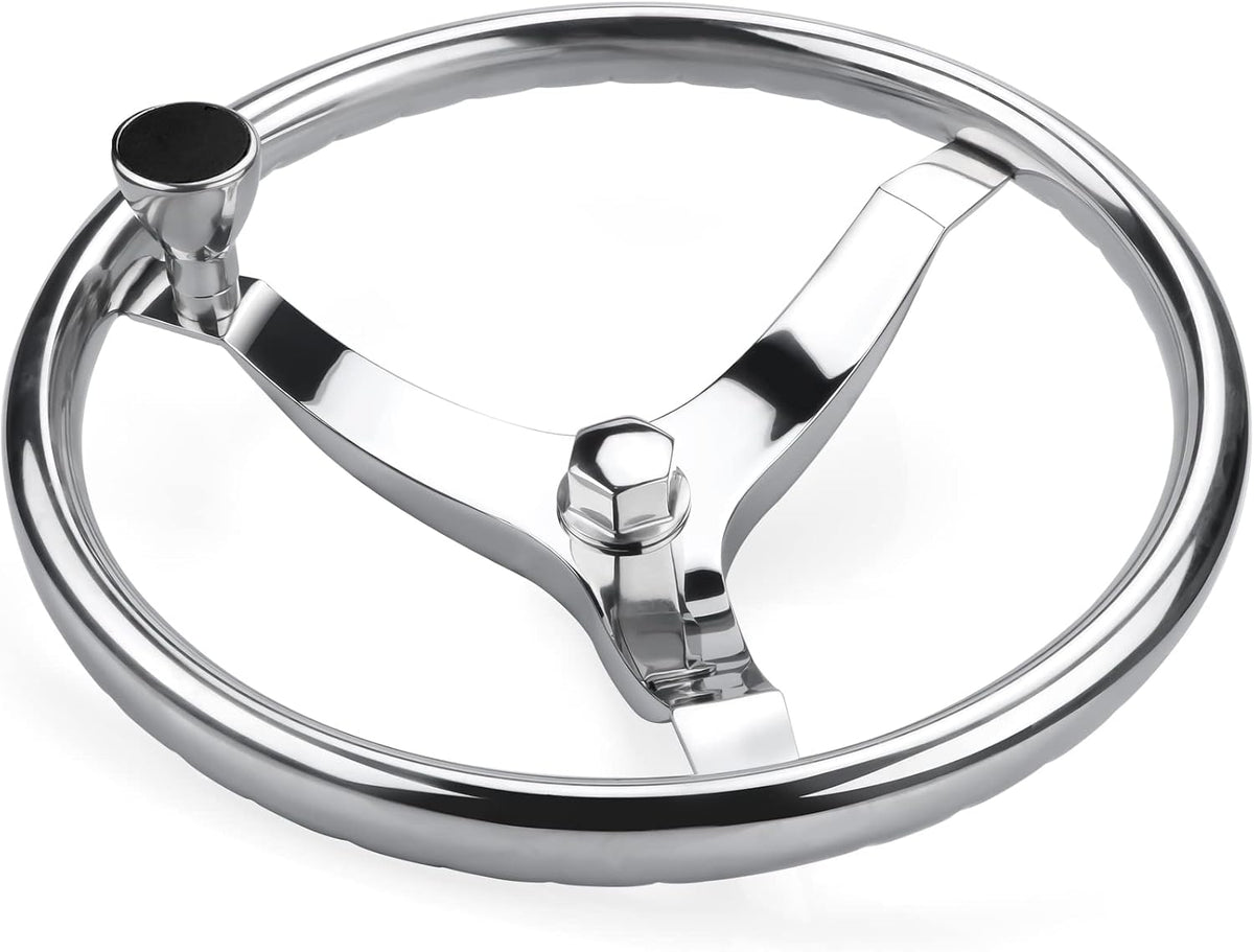 Seamax Stainless Steel Boat Steering Wheel 3 Spoke 13-1/2" Dia, with 5/8" -18 Nut and Turning Knob for Seastar and Verado