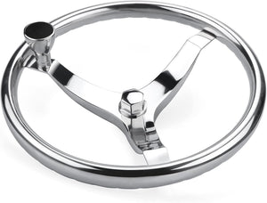 Seamax Stainless Steel Boat Steering Wheel 3 Spoke 13-1/2" Dia, with 5/8" -18 Nut and Turning Knob for Seastar and Verado