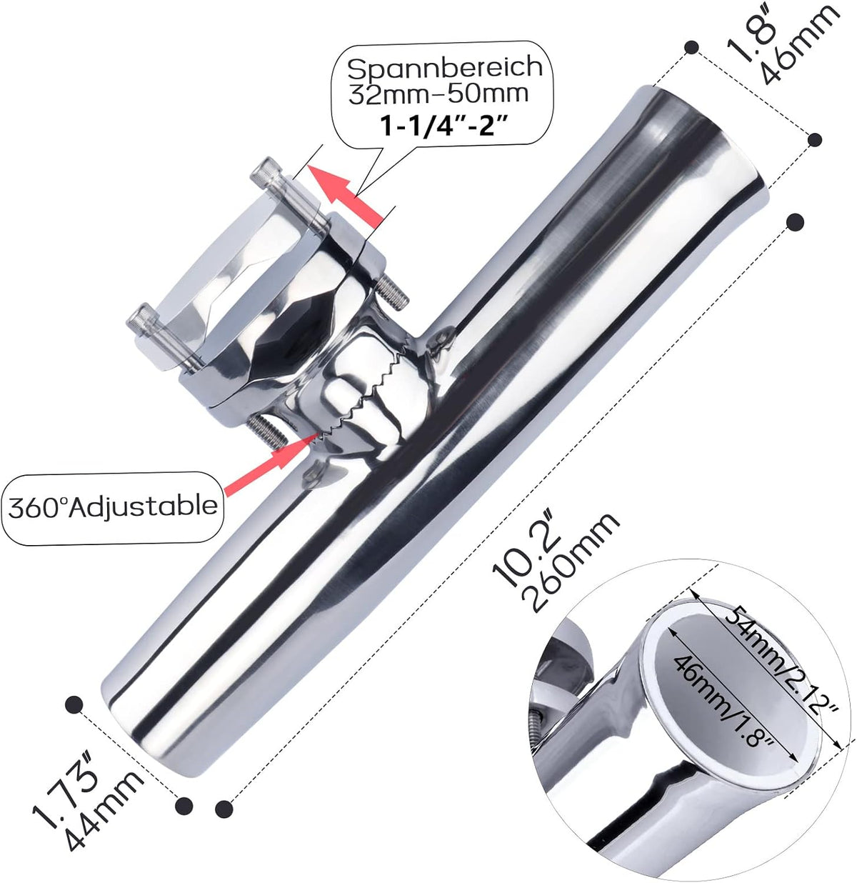 Seamax 316 Stainless Tournament Style Boat Fishing Holder Clamp on Fishing Rod Holder for Boat 1-1/4" to 2" Rail Gimbal Pin at Bottom - 2 pack