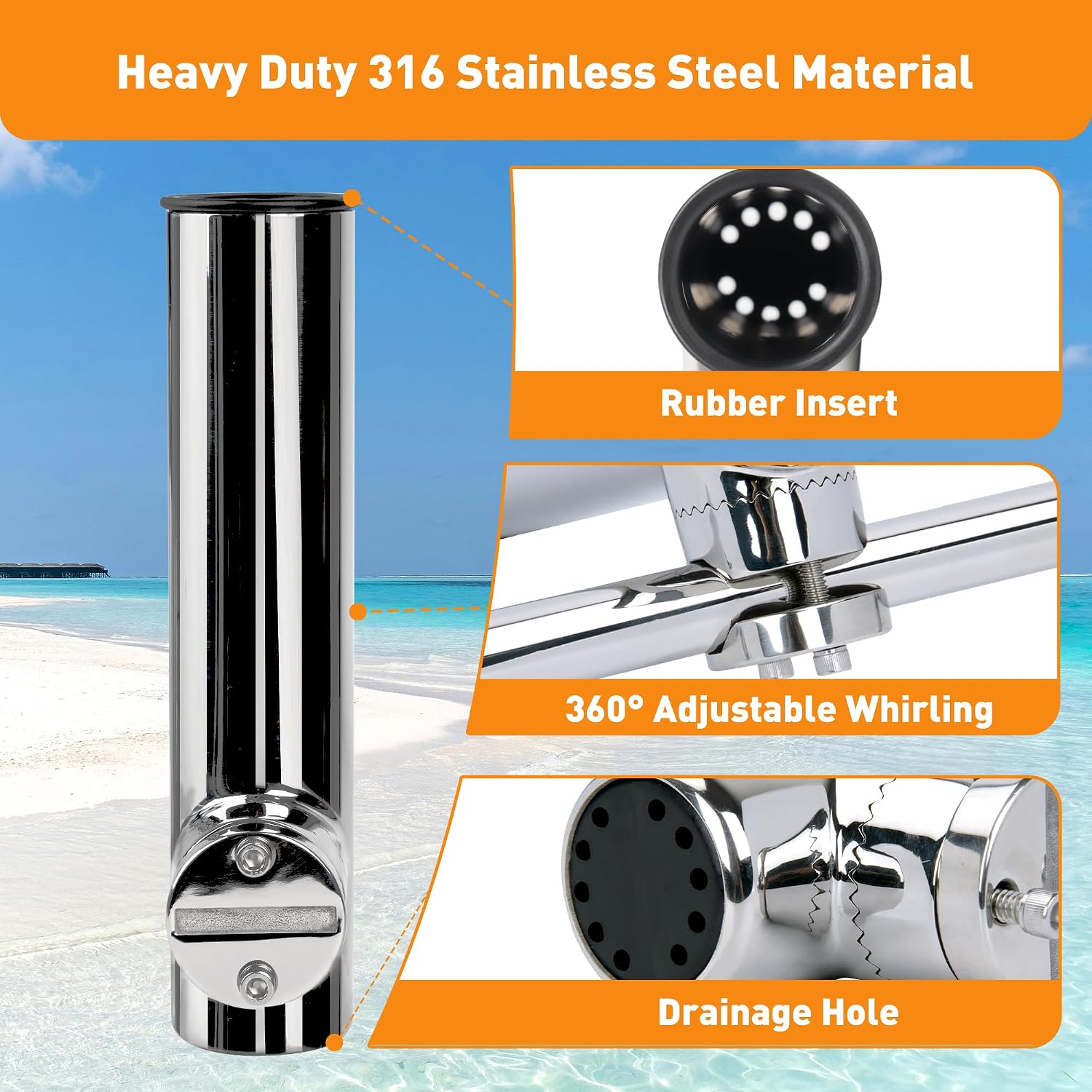 Seamax Clamp-on 7/8''-1'' Rail Mount Boat Fishing Rod Holder Marine 316 Stainless Steel