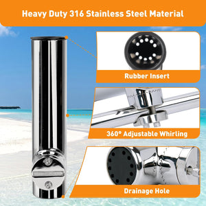 Seamax Clamp-on 7/8''-1'' Rail Mount Boat Fishing Rod Holder Marine 316 Stainless Steel