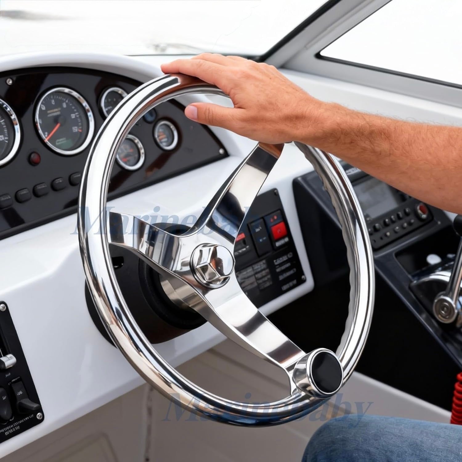 Seamax Stainless Steel Boat Steering Wheel 3 Spoke 13-1/2" Dia, with 5/8" -18 Nut and Turning Knob for Seastar and Verado