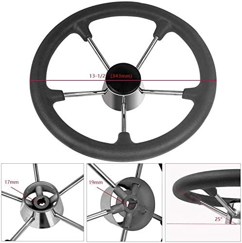 Seamax 13.5inch Boat Steering Wheel, Black PU Foam Cover &amp; Center Cap, Stainless Steel 5 Spoke 25 Degree Destroyer Style for Boats, Yachts, Pontoon Boats