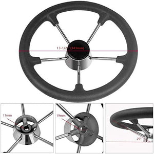 Seamax 13.5inch Boat Steering Wheel, Black PU Foam Cover & Center Cap, Stainless Steel 5 Spoke 25 Degree Destroyer Style for Boats, Yachts, Pontoon Boats