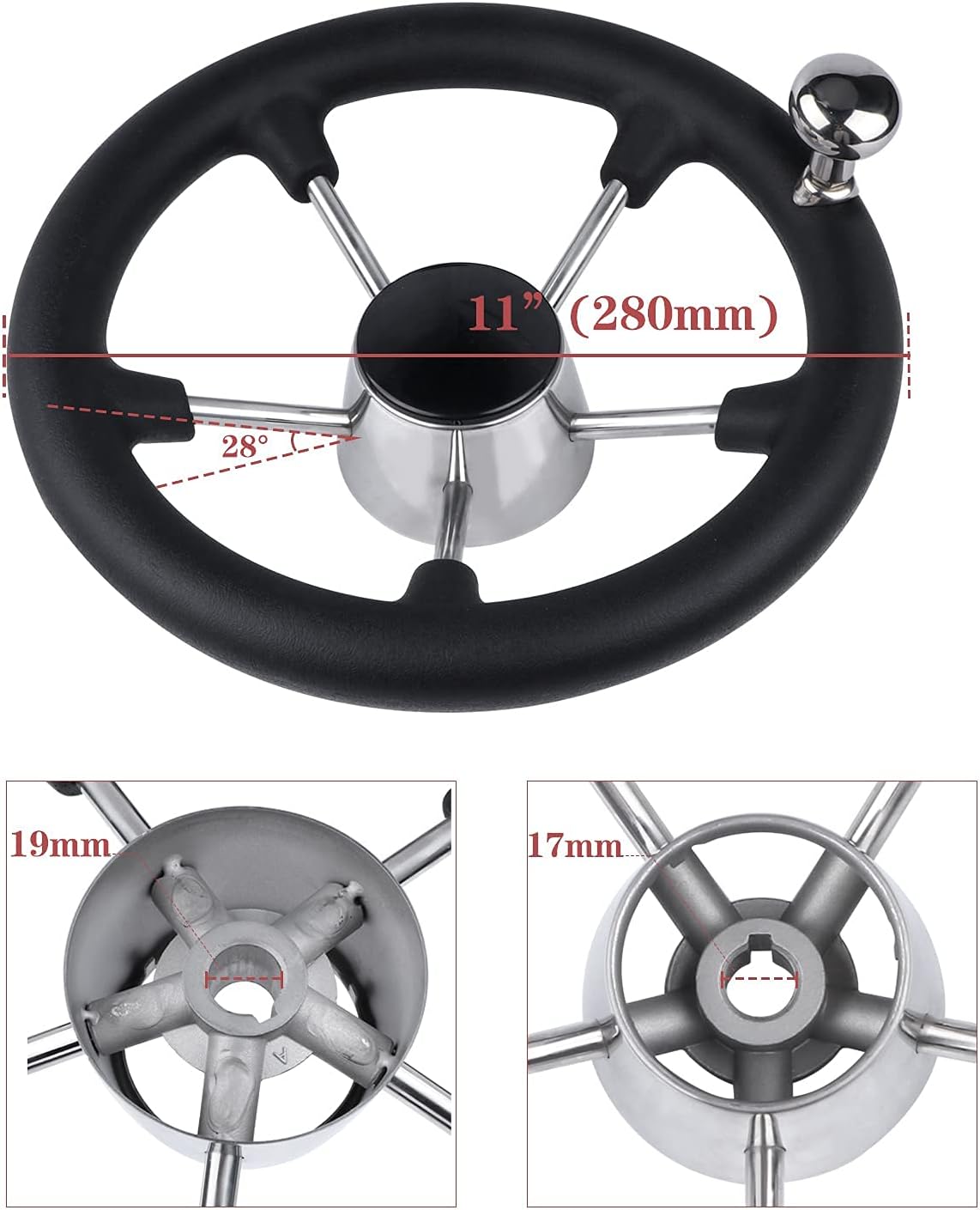 Seamax Stainless Steel 11" Boat Steering Wheel with Black Foam Grip, 5 Spoke Destroyer Control Wheel with Knob