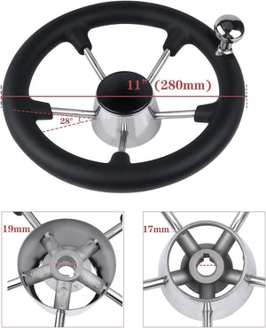 Seamax Stainless Steel 11" Boat Steering Wheel with Black Foam Grip, 5 Spoke Destroyer Control Wheel with Knob