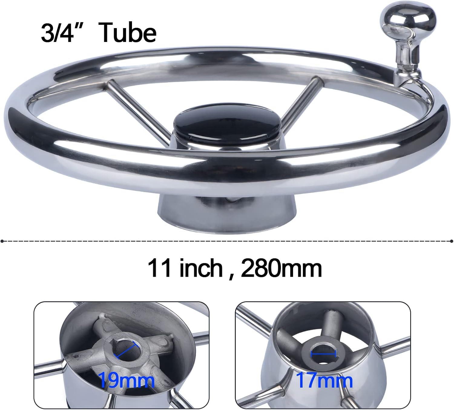 Seamax 5-Spoke 11 Inch Destroyer Style Stainless Boat Steering Wheel Big Size Knob