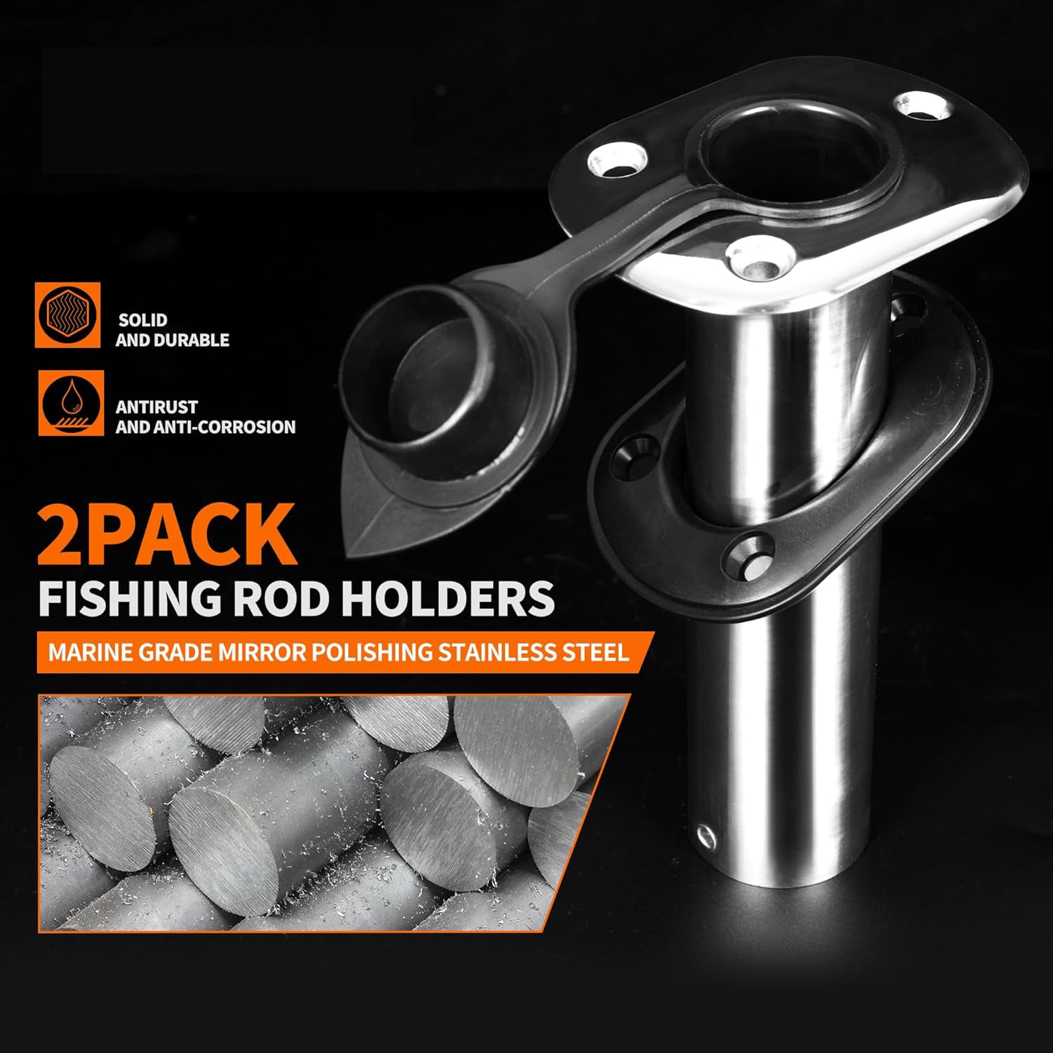 Seamax 2 Pack Stainless Steel Flush Mount Fishing Rod Holders for Boat, 90 Degree Rod Holder with PVC Cap & Liner, Marine Fishing Pole Holder Rack for Yacht, Kayak and Fishing Boat