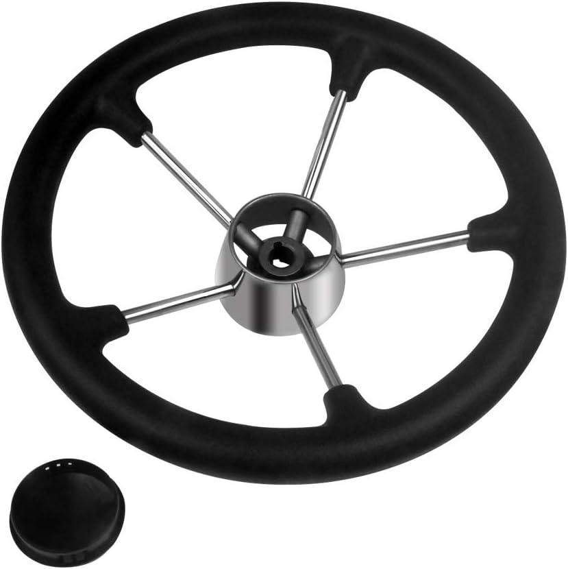 Seamax 13.5inch Boat Steering Wheel, Black PU Foam Cover &amp; Center Cap, Stainless Steel 5 Spoke 25 Degree Destroyer Style for Boats, Yachts, Pontoon Boats