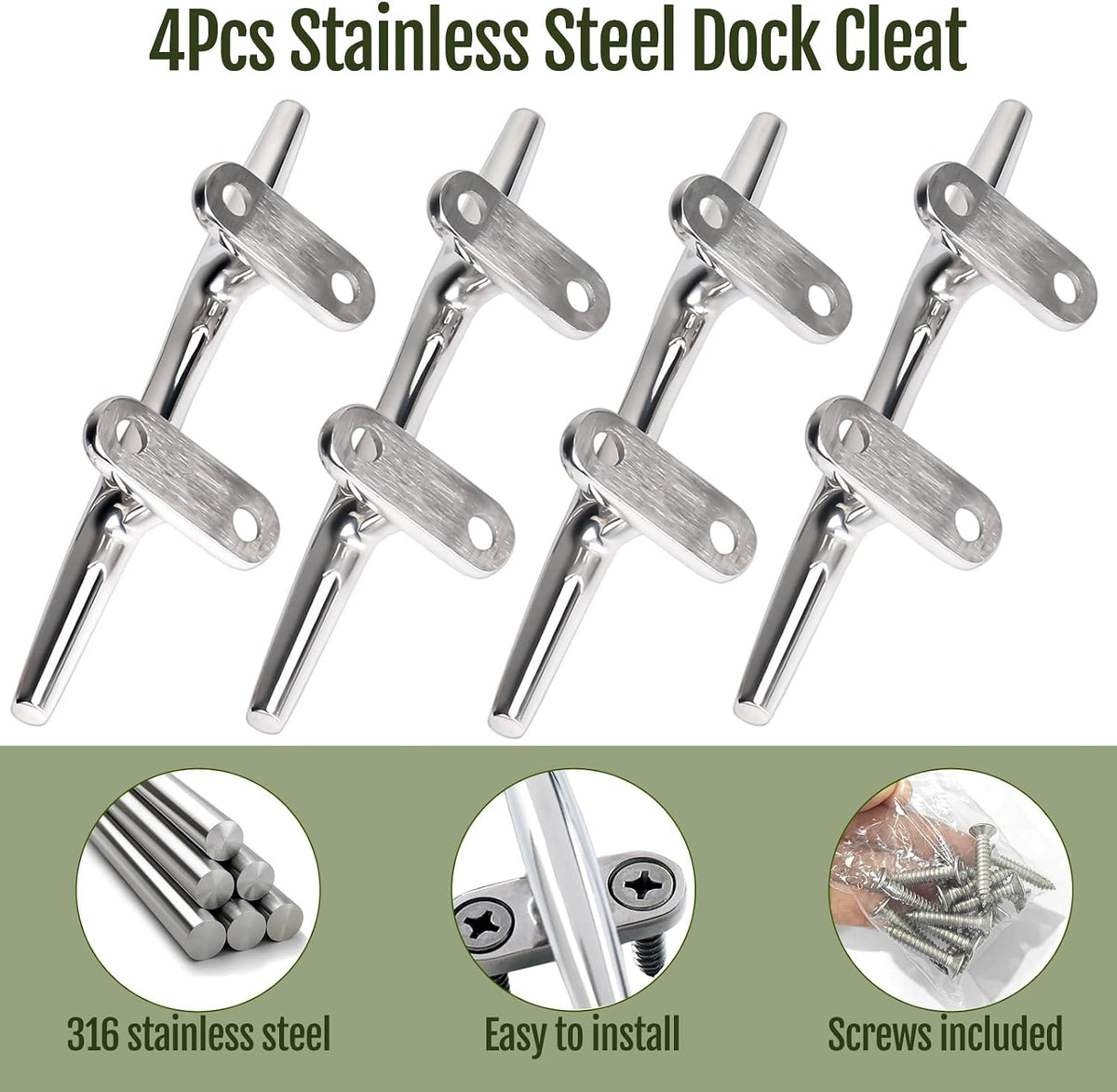 Seamax Stainless Steel Boat Cleats 4 inch 5 inch 6 inch Open Base Marine Grade Rope Cleat Mooring Accessories with Screws for Boats, Kayak, Dock