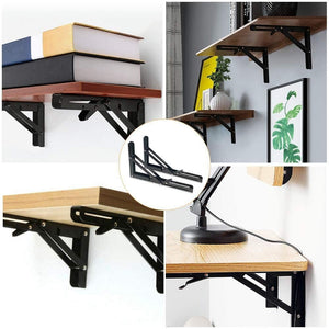 Seamax 8" Sturdy Folding Shelf Brackets - Black Metal Triangle Table Bench Folding Shelf Bracket , 2 Pcs Folding Shelf Hinge Wall Mounted, Max Load 100lb
