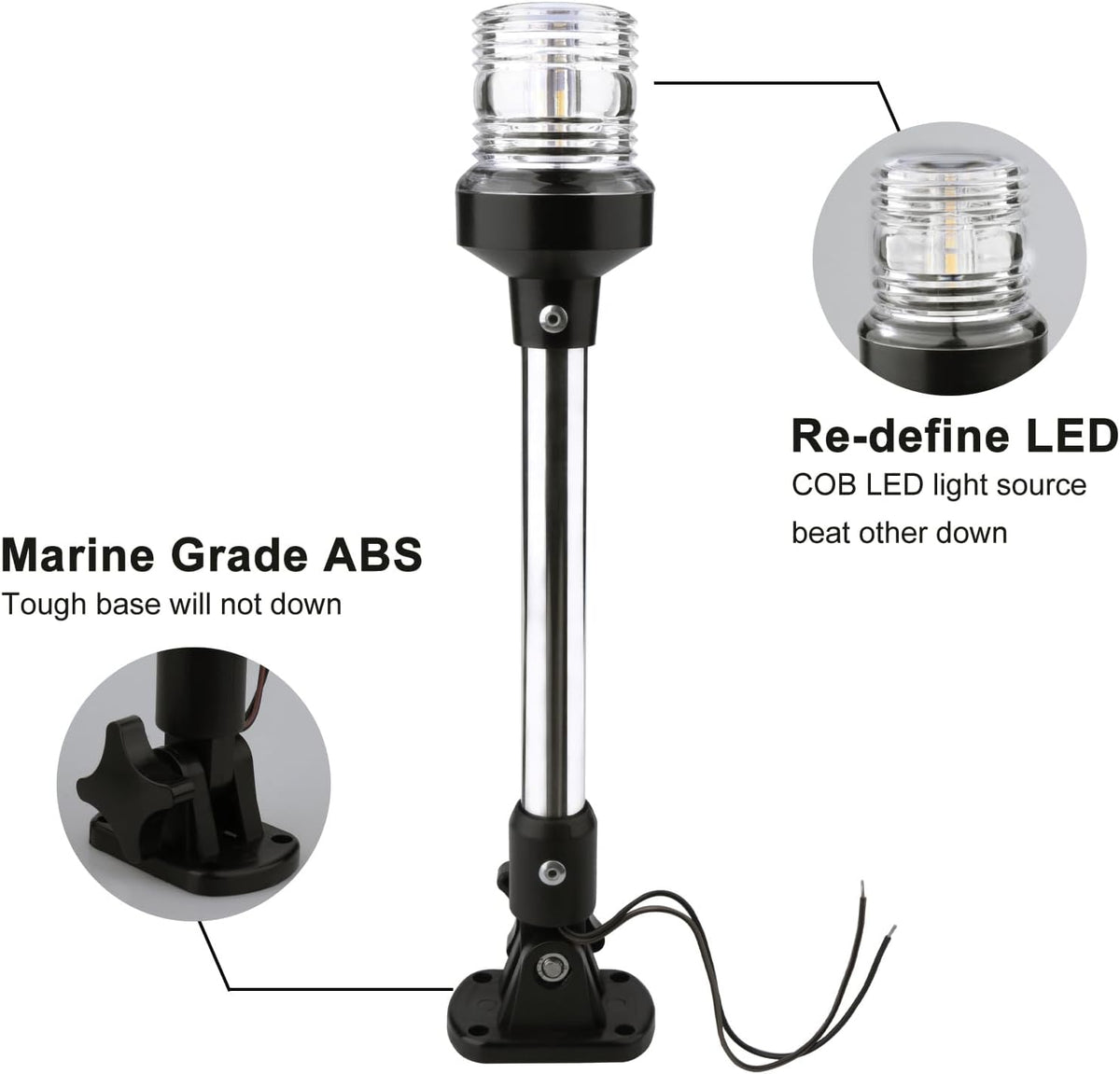 Seamax Stern Light - White LED Anchor &amp; Bimini Top Lights for Pontoon &amp; Fishing Boats, 3NM, 1224V, 12''