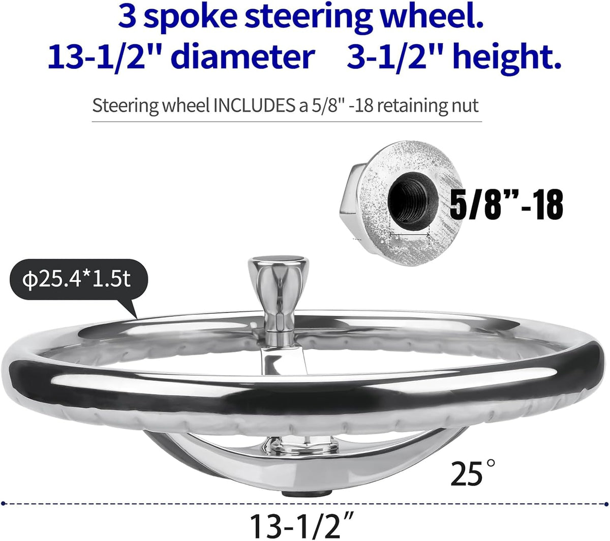 Seamax Stainless Steel Boat Steering Wheel 3 Spoke 13-1/2" Dia, with 5/8" -18 Nut and Turning Knob for Seastar and Verado