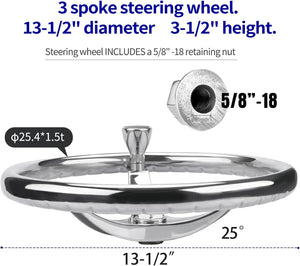 Seamax Stainless Steel Boat Steering Wheel 3 Spoke 13-1/2" Dia, with 5/8" -18 Nut and Turning Knob for Seastar and Verado