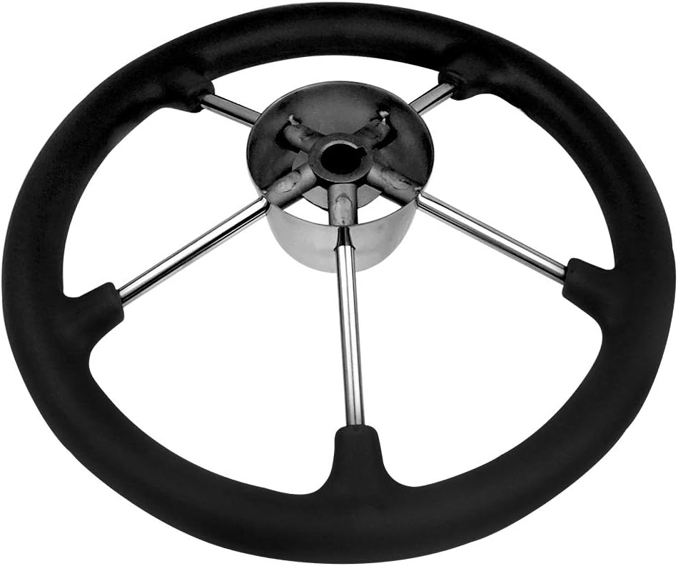 Seamax 13.5inch Boat Steering Wheel, Black PU Foam Cover &amp; Center Cap, Stainless Steel 5 Spoke 25 Degree Destroyer Style for Boats, Yachts, Pontoon Boats