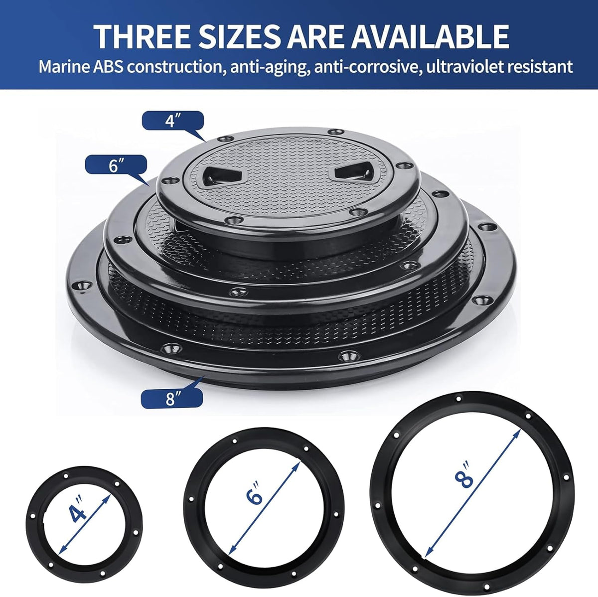 Seamax Boat Hatch Cover Black Round Non Slip Inspection Hatch w/Detachable Cover 4" 6" 8"