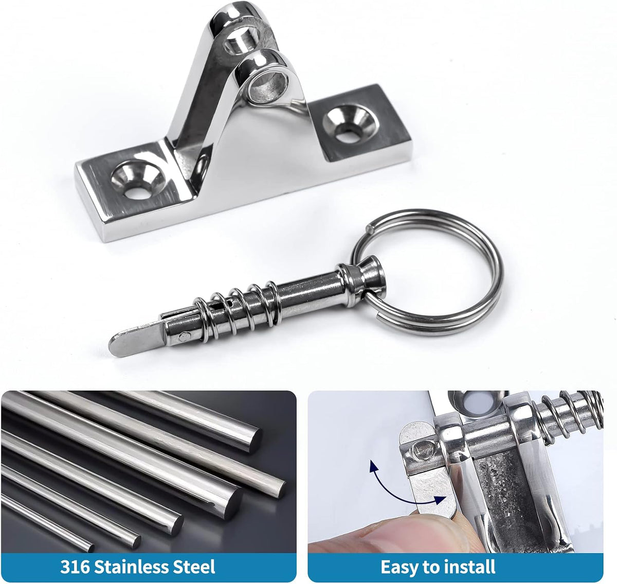 Seamax 2X Bimini Top Deck Hinge with Pin and Ring, Stainless Steel Bimini Top 90°