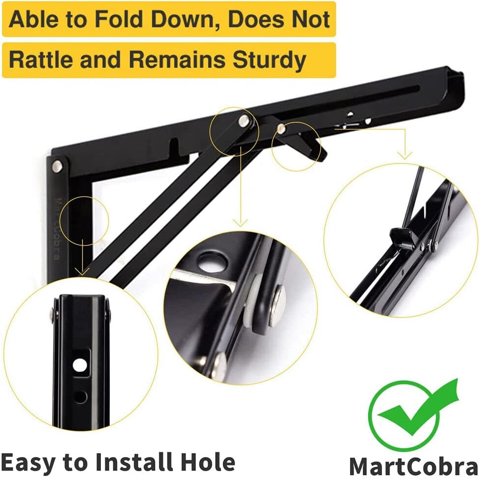 Seamax 8" Sturdy Folding Shelf Brackets - Black Metal Triangle Table Bench Folding Shelf Bracket , 2 Pcs Folding Shelf Hinge Wall Mounted, Max Load 100lb
