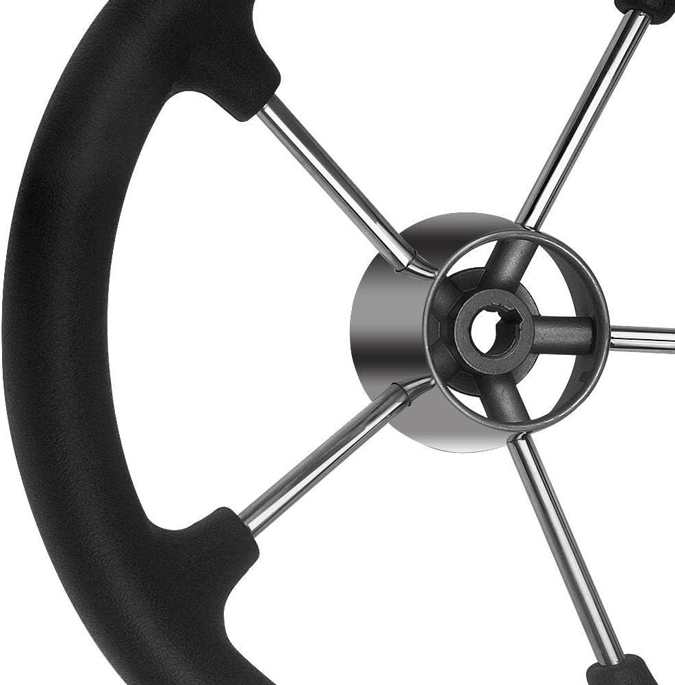 Seamax 13.5inch Boat Steering Wheel, Black PU Foam Cover &amp; Center Cap, Stainless Steel 5 Spoke 25 Degree Destroyer Style for Boats, Yachts, Pontoon Boats