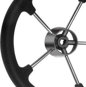 Seamax 13.5inch Boat Steering Wheel, Black PU Foam Cover & Center Cap, Stainless Steel 5 Spoke 25 Degree Destroyer Style for Boats, Yachts, Pontoon Boats