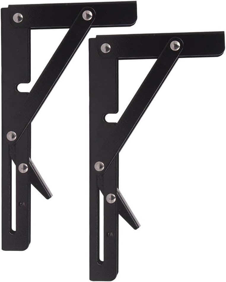 Seamax 8" Sturdy Folding Shelf Brackets - Black Metal Triangle Table Bench Folding Shelf Bracket , 2 Pcs Folding Shelf Hinge Wall Mounted, Max Load 100lb