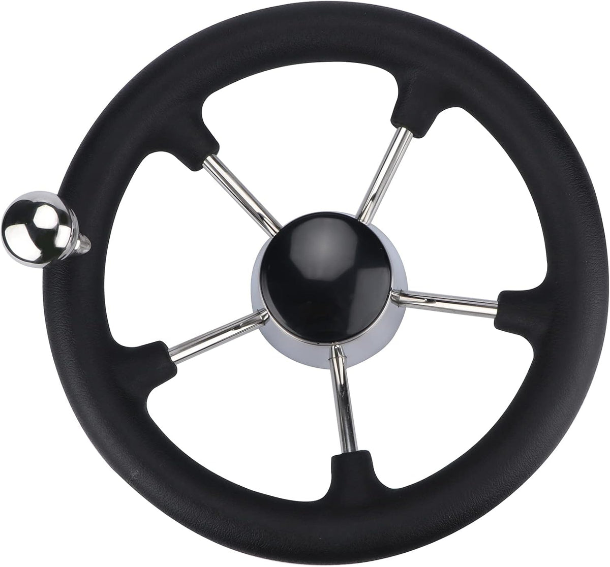 Seamax Stainless Steel 11" Boat Steering Wheel with Black Foam Grip, 5 Spoke Destroyer Control Wheel with Knob