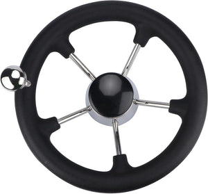 Seamax Stainless Steel 11" Boat Steering Wheel with Black Foam Grip, 5 Spoke Destroyer Control Wheel with Knob