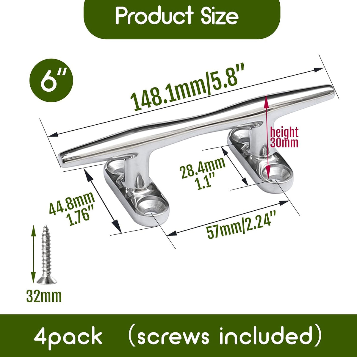 Seamax Stainless Steel Boat Cleats 4 inch 5 inch 6 inch Open Base Marine Grade Rope Cleat Mooring Accessories with Screws for Boats, Kayak, Dock