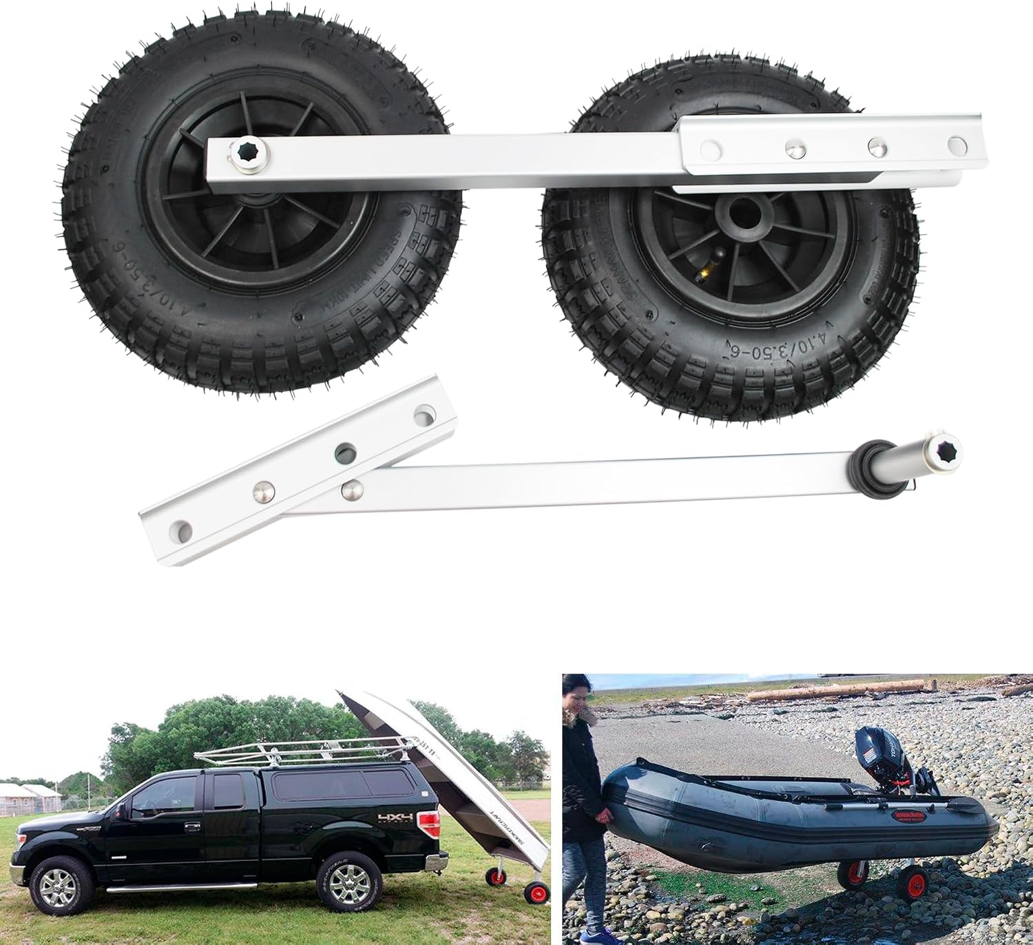 Easy-Load Boat Launching Wheels Set for Inflatable Boat and Aluminum Boat, 2 Height Positions, 12" Pneumatic Wheels