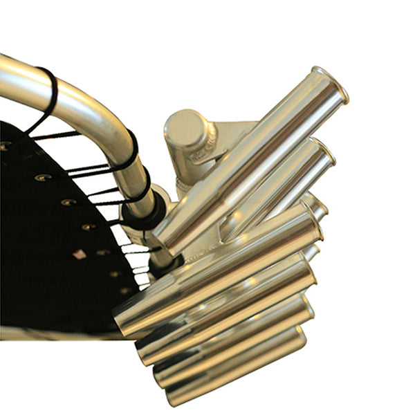 Dolphin 9 Rod Rocket Launcher for Boat T-Top, Heavy Duty 6061 Aluminum Fishing Rod Holder, Fits 2” &amp; 1.5” Pipe, Clamp-On Mount for Hardtop, Tower, Radar Arch &amp; Rail, Anodized Finish