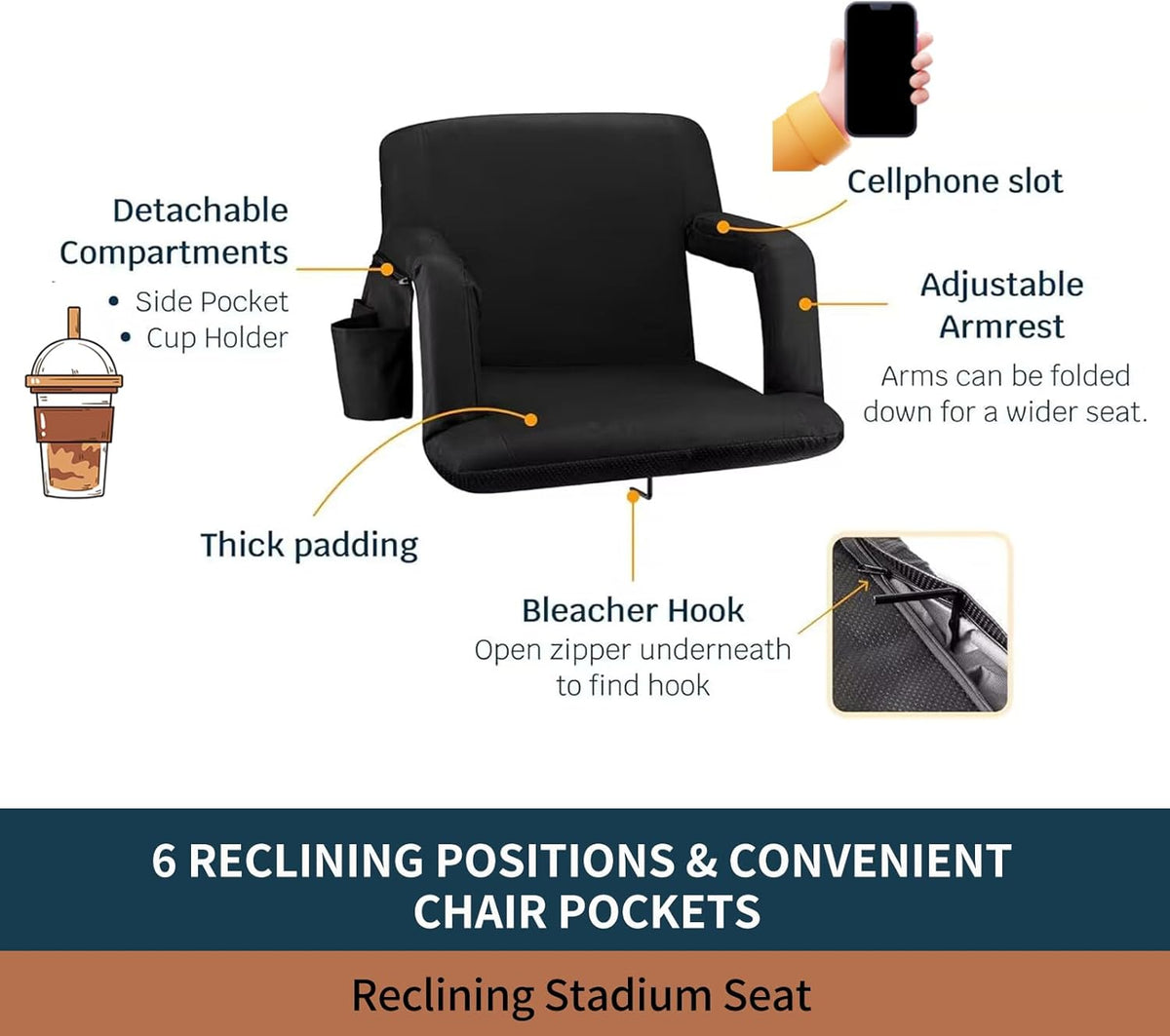 Seamax Stadium Seat for Bleachers or Benches Portable Reclining Stadium Seat Chair with Padded Cushion Chair Back and Armrest Support