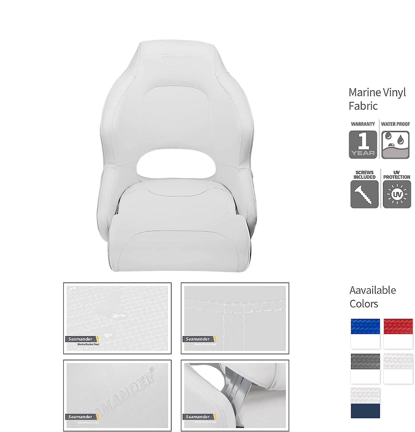 Seamax Captain Bucket Seat Boat Seat, Filp Up Boat Seat BS002WW (SC1-White/White)