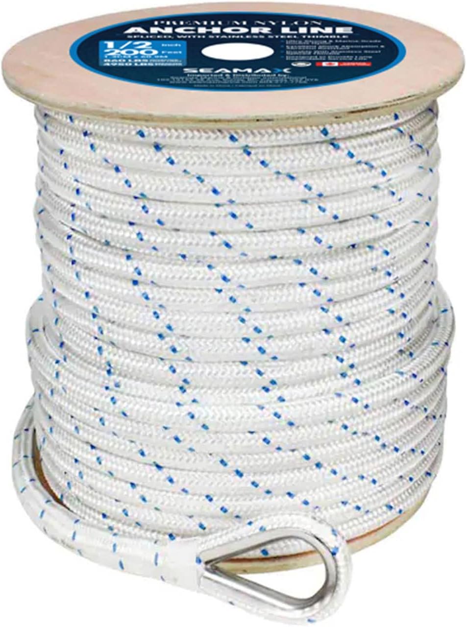 Seamax Marine 3/8 Inch 100Ft/ 150Ft Double Braided Nylon Anchor Line Heavy-Duty Marine Rope with Steel Spliced Thimble (White Color)