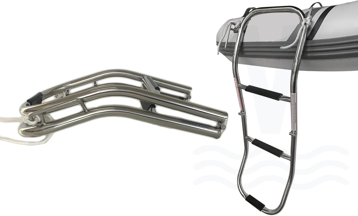 Seamax 3 Step Boat Boarding Ladder with Built in Handle,316 Stainless Steel Telescoping Folding Ladder for Dinghies, Kayaks &amp; Inflatable Boats – Anti-Slip, Lightweight, Easy Storage