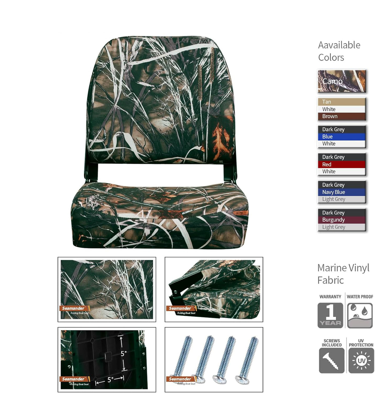 Seamax Low/High Back Boat Seats, Folding Boat Seat with Stainless Steel Screws &amp; Aluminum Hinges, Thickened Sponge Padding, Waterproof Fishing Captain Boat Seats, TideLine(2 Packs-Camo)