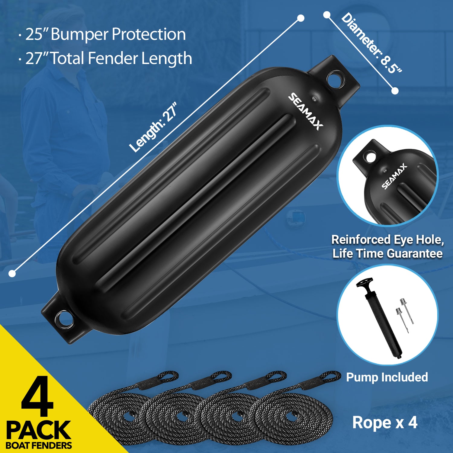Pack of 4, Seamax Heavy Duty Ribbed Inflatable Boat Fender with 5ft Rope  6.5" x 23", Marine Guard PVC in White