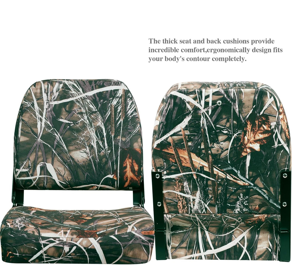 Seamax Low/High Back Boat Seats, Folding Boat Seat with Stainless Steel Screws &amp; Aluminum Hinges, Thickened Sponge Padding, Waterproof Fishing Captain Boat Seats, TideLine(2 Packs-Camo)
