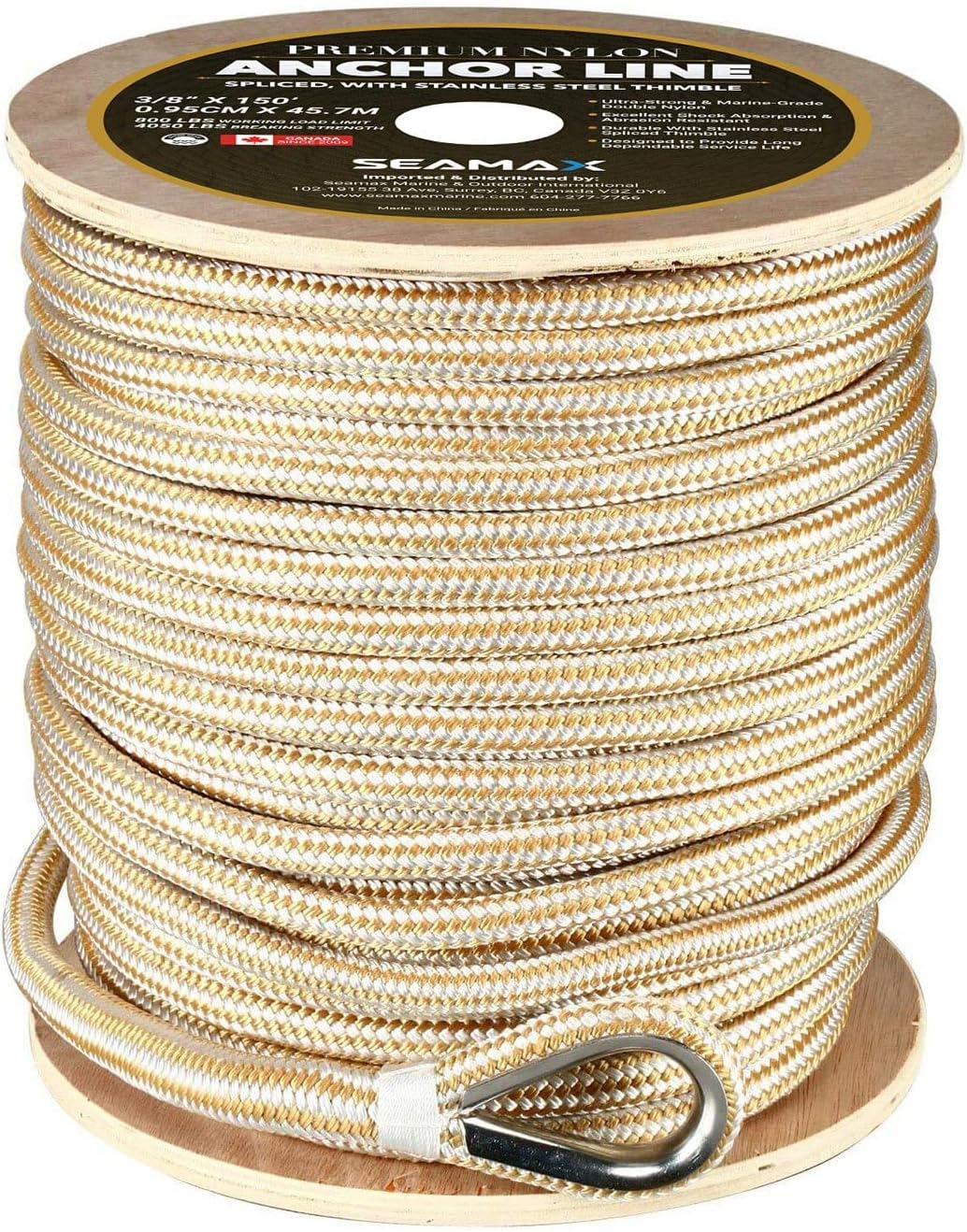 Seamax Marine 1/2 Inch 150 Ft/150Ft/200Ft Double Braided Nylon Anchor Line  Heavy-Duty Marine Rope with Steel Spliced Thimble (Gold Color)