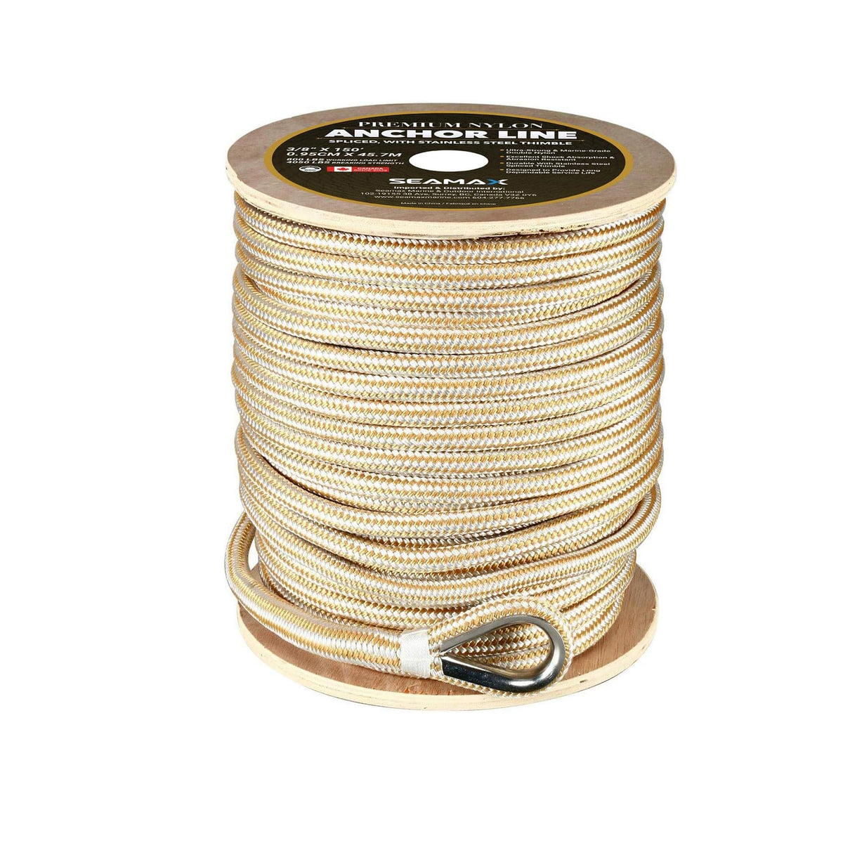 Seamax Marine 1/2 Inch 150 Ft/150Ft/200Ft Double Braided Nylon Anchor Line  Heavy-Duty Marine Rope with Steel Spliced Thimble (Gold Color)