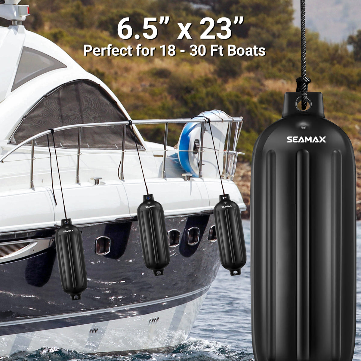 Pack of 4, Seamax Heavy Duty Ribbed Inflatable Boat Fender with 5ft Rope  6.5" x 23", Marine Guard PVC in White