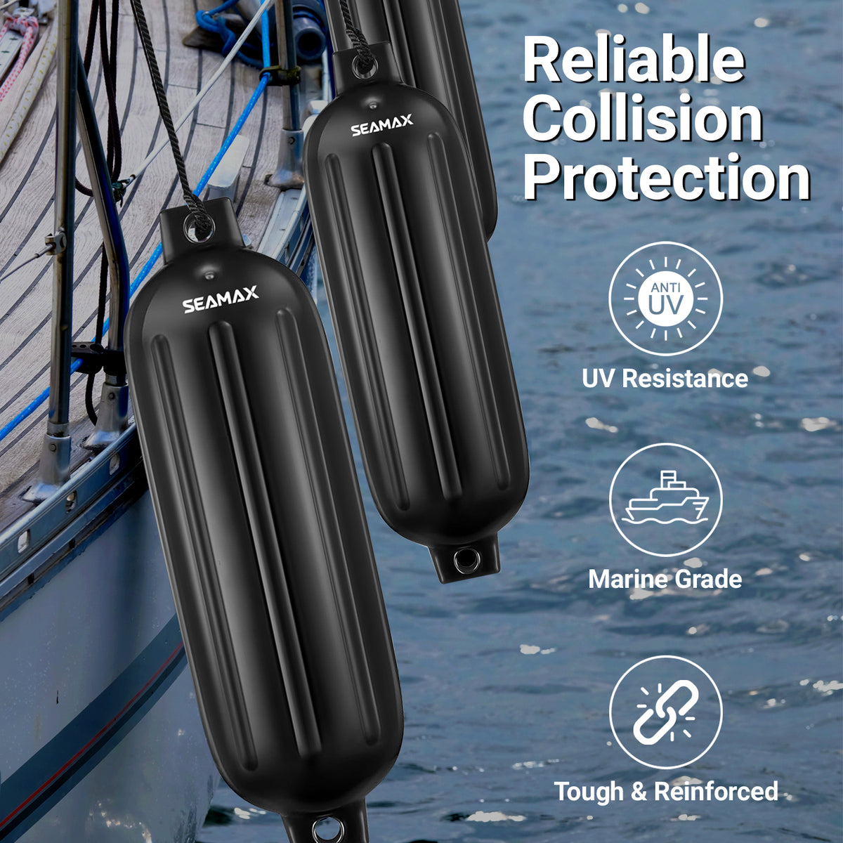 Pack of 4, Seamax Heavy Duty Ribbed Inflatable Boat Fender with 5ft Rope  6.5" x 23", Marine Guard PVC in White